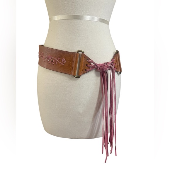 Accessories - Boho Brown and Pink Embroidered Leather Tassel Tie Belt